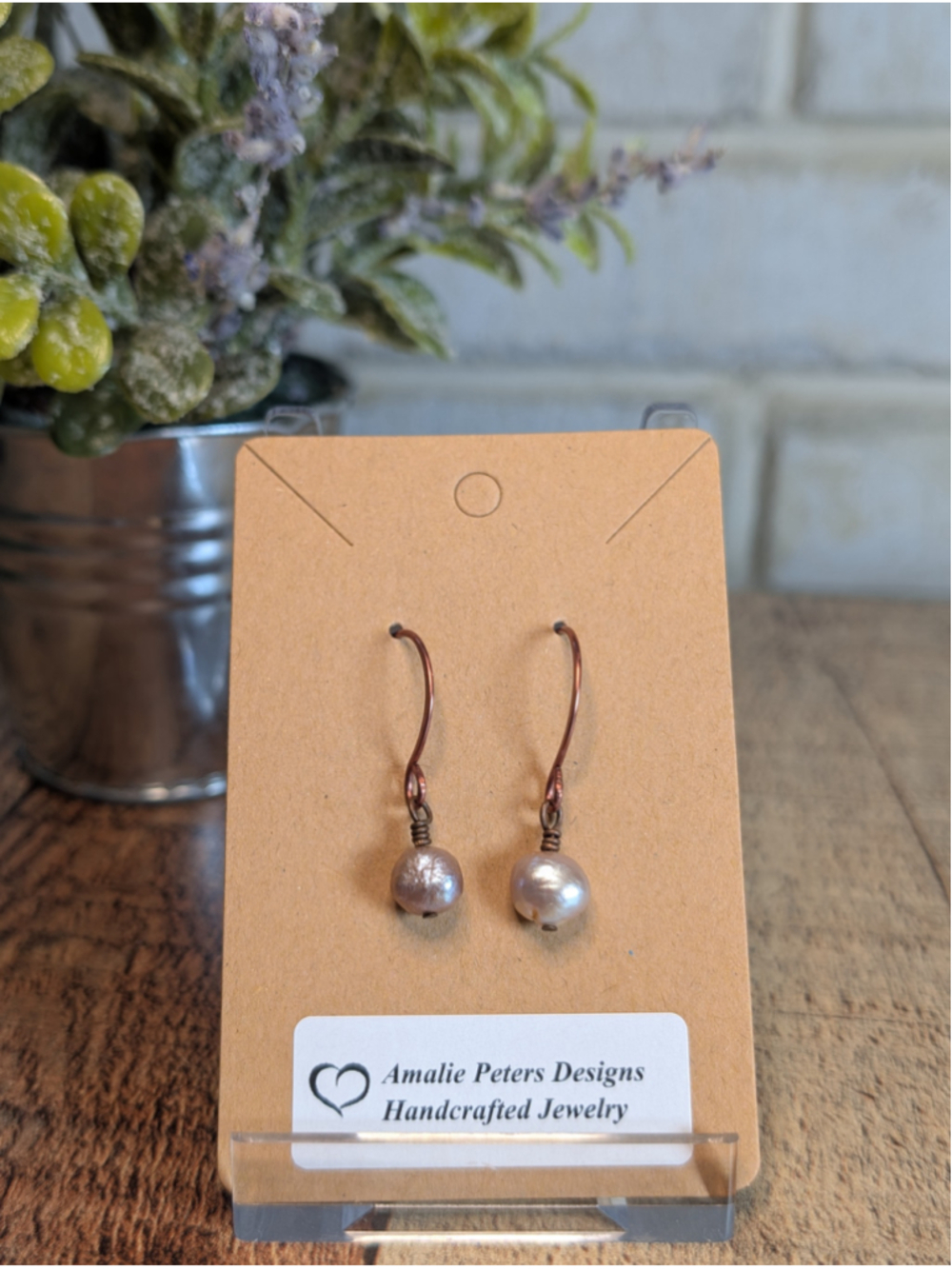 NEW Artisan Copper Hand Wire Wrapped Dainty Drop Pearl Lavender Dangle Earrings